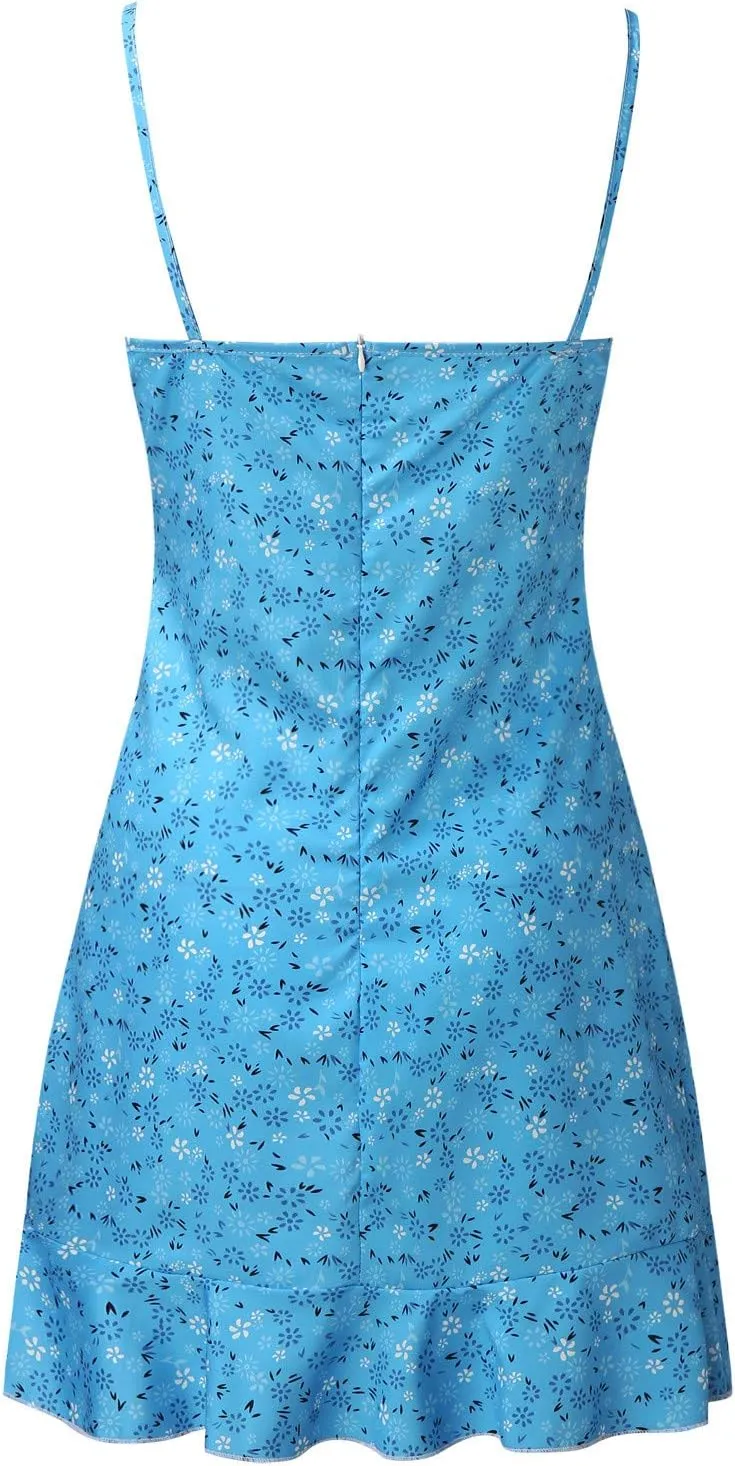 Womens Mini Floral Dresses Spaghetti Strap Bodycorn Ruffle Fashion Print Sundress 2024 Summer Lightweight Casual Dress