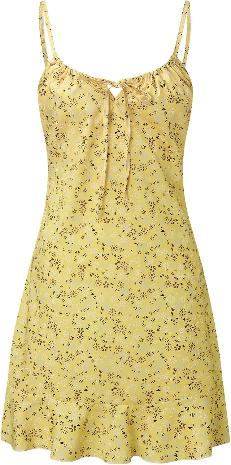 Womens Mini Floral Dresses Spaghetti Strap Bodycorn Ruffle Fashion Print Sundress 2024 Summer Lightweight Casual Dress