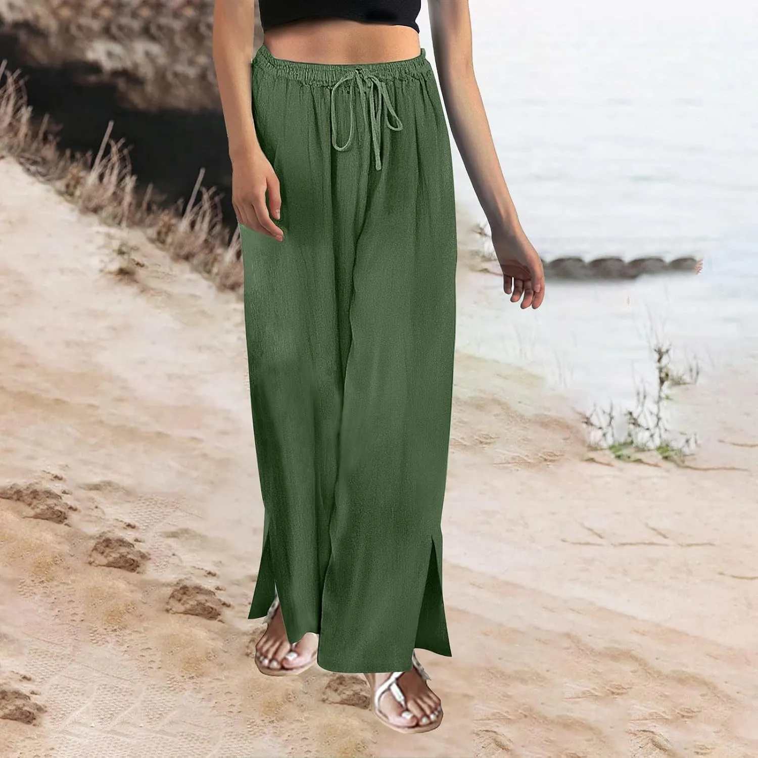 Womens Plaid Pants Casual Drawstring Pants Casua Lightweight Loose Trousers Linen Capris for Women Lightweight