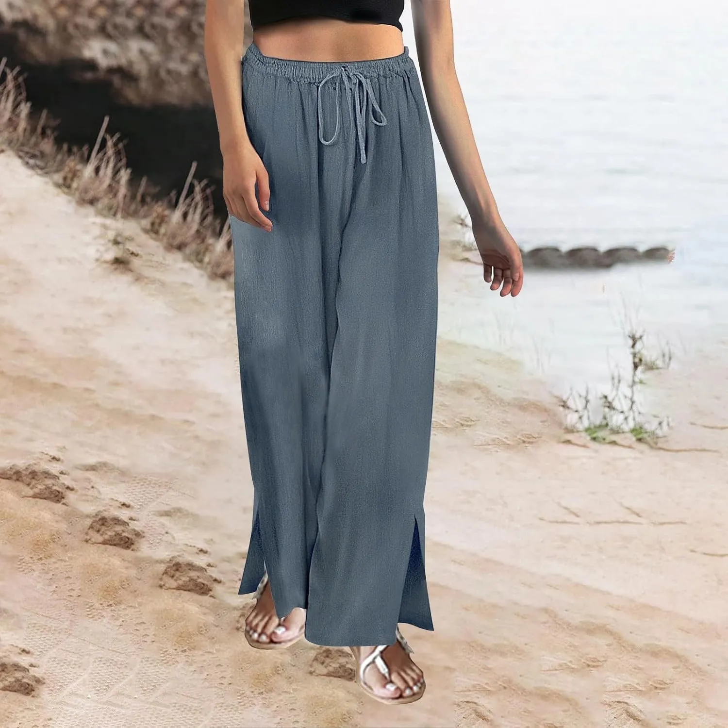 Womens Plaid Pants Casual Drawstring Pants Casua Lightweight Loose Trousers Linen Capris for Women Lightweight