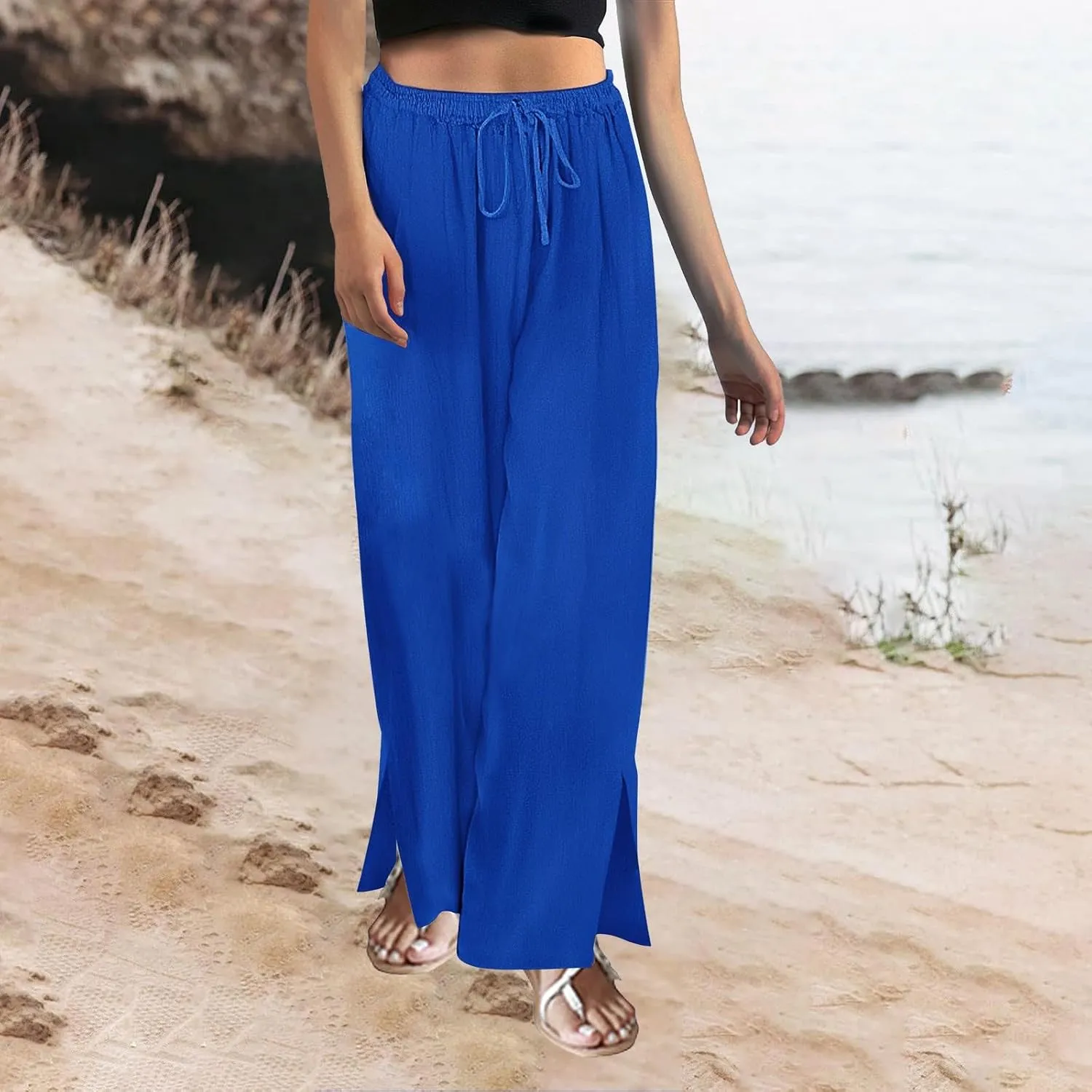Womens Plaid Pants Casual Drawstring Pants Casua Lightweight Loose Trousers Linen Capris for Women Lightweight