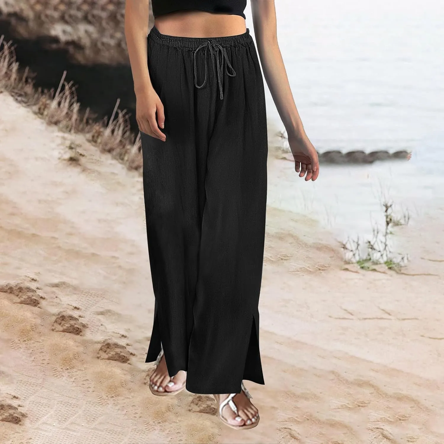 Womens Plaid Pants Casual Drawstring Pants Casua Lightweight Loose Trousers Linen Capris for Women Lightweight