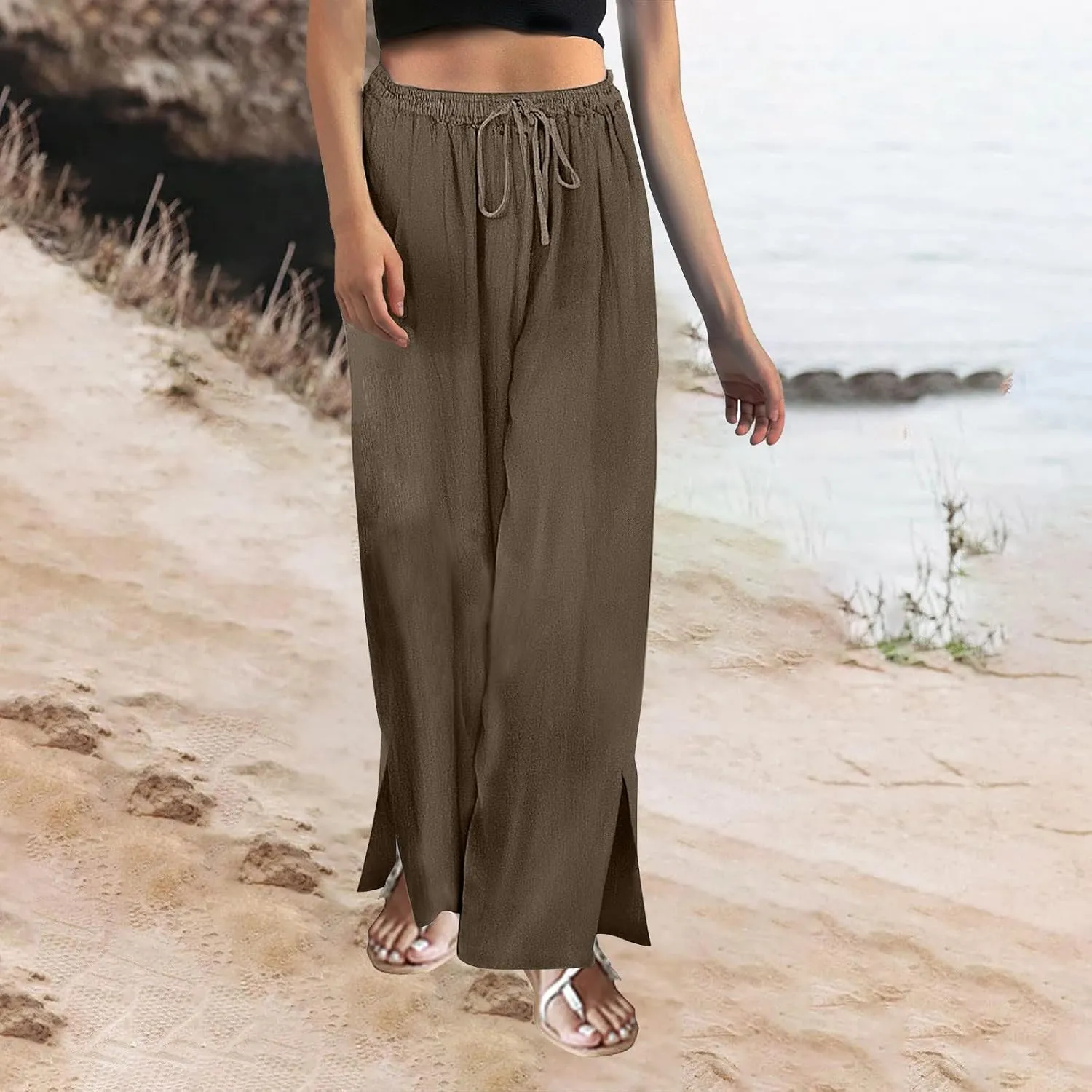 Womens Plaid Pants Casual Drawstring Pants Casua Lightweight Loose Trousers Linen Capris for Women Lightweight