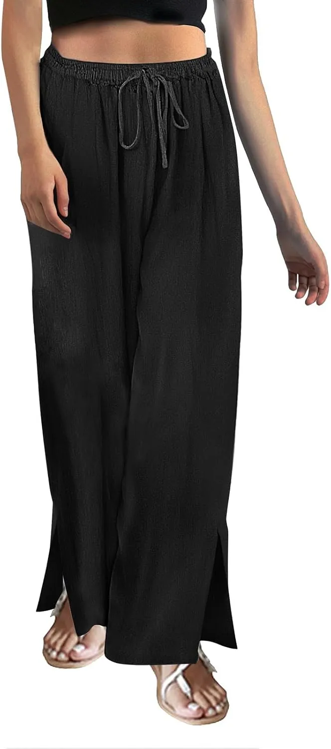 Womens Plaid Pants Casual Drawstring Pants Casua Lightweight Loose Trousers Linen Capris for Women Lightweight