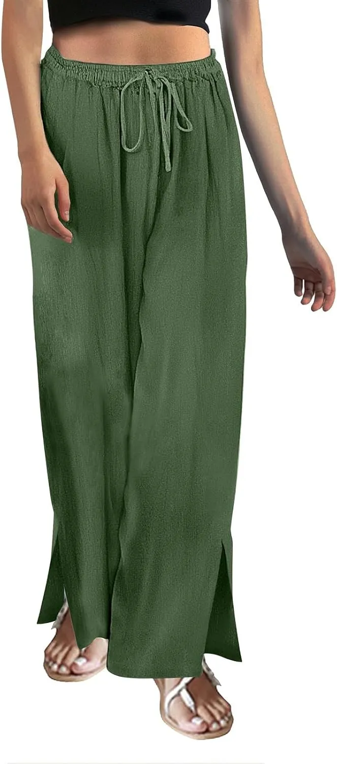 Womens Plaid Pants Casual Drawstring Pants Casua Lightweight Loose Trousers Linen Capris for Women Lightweight