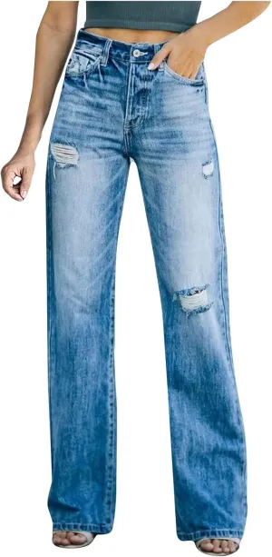Women's Ripped Jeans High Waist Relaxed Fit Jeans Distressed Wide Leg Denim Pants Loose Boyfriends Baggy Trouser