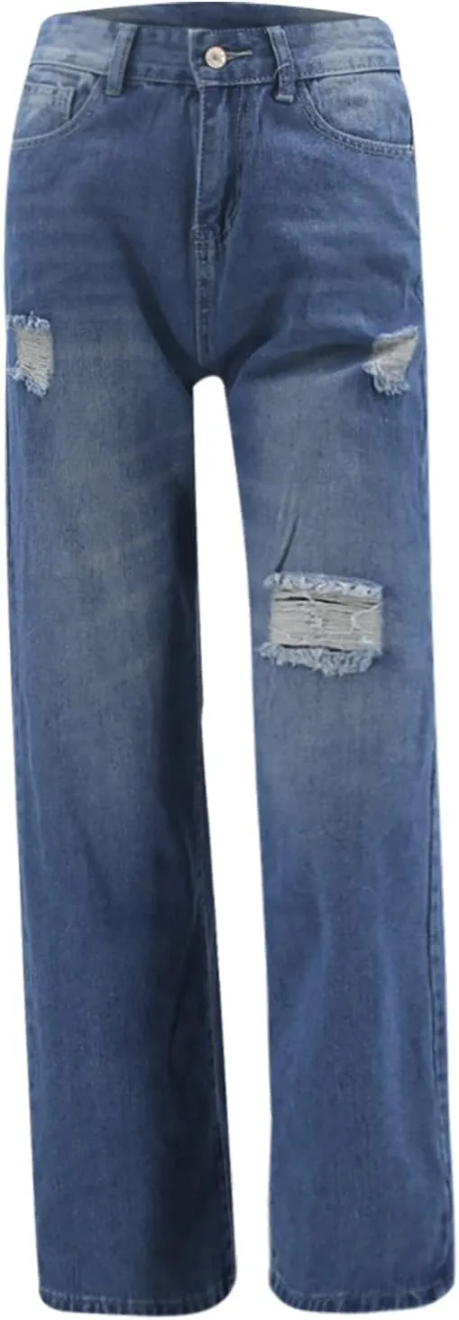 Women's Ripped Jeans High Waist Relaxed Fit Jeans Distressed Wide Leg Denim Pants Loose Boyfriends Baggy Trouser