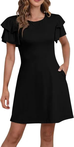 Womens Ruffle Sleeve Elegant Wedding Mini Dress High Waisted Slim Solid Sundress with Pocket 2024 Summer A-Line Beach Dresses