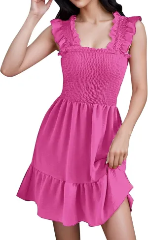 Womens Summer Casual Sleeveless Dresses Square Neck 2024 Trendy Beach Sundress Smocked Ruffle Backless Boho Mini Dress