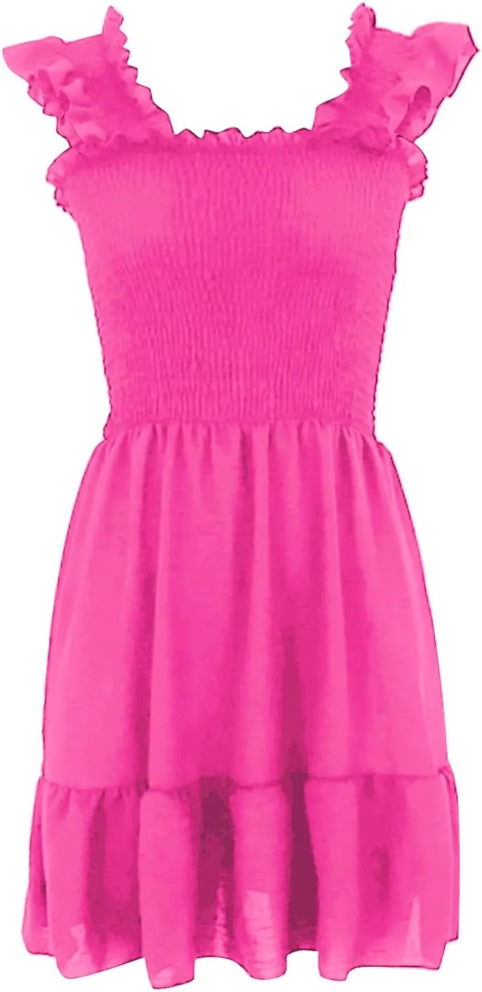 Womens Summer Casual Sleeveless Dresses Square Neck 2024 Trendy Beach Sundress Smocked Ruffle Backless Boho Mini Dress