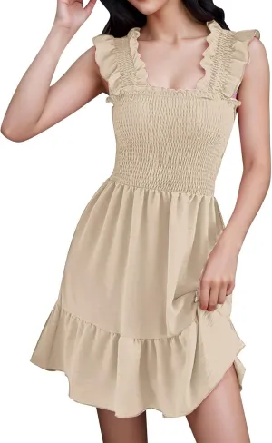 Womens Summer Casual Sleeveless Dresses Square Neck Smocked Ruffle Backless Boho Mini Dress 2024 Trendy Beach Short Sundress