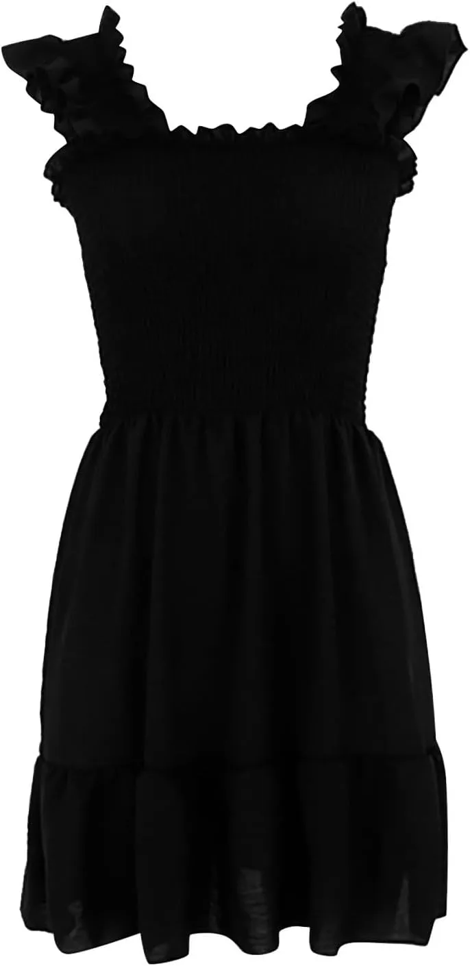 Womens Summer Casual Sleeveless Dresses Square Neck Smocked Ruffle Backless Boho Mini Dress 2024 Trendy Beach Short Sundress