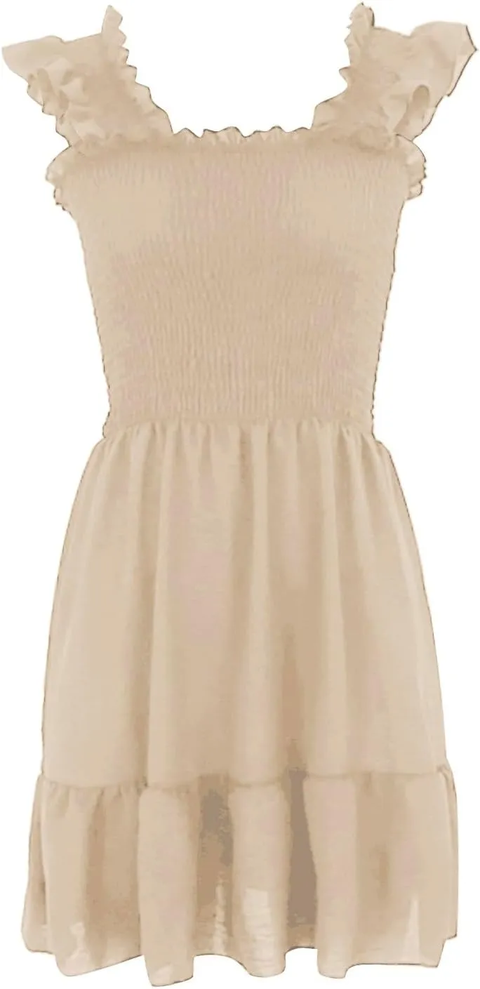 Womens Summer Casual Sleeveless Dresses Square Neck Smocked Ruffle Backless Boho Mini Dress 2024 Trendy Beach Short Sundress