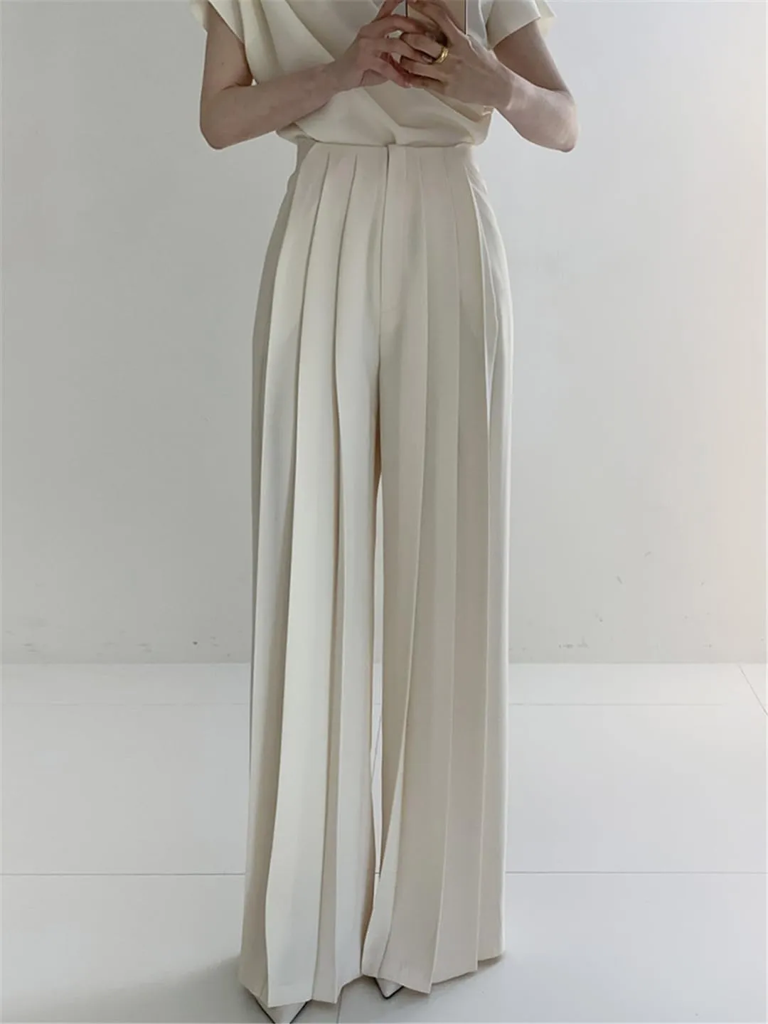 Women's Summer Casual Wide-Leg Pants High Waist Pleated Solid Color Simple Trousers