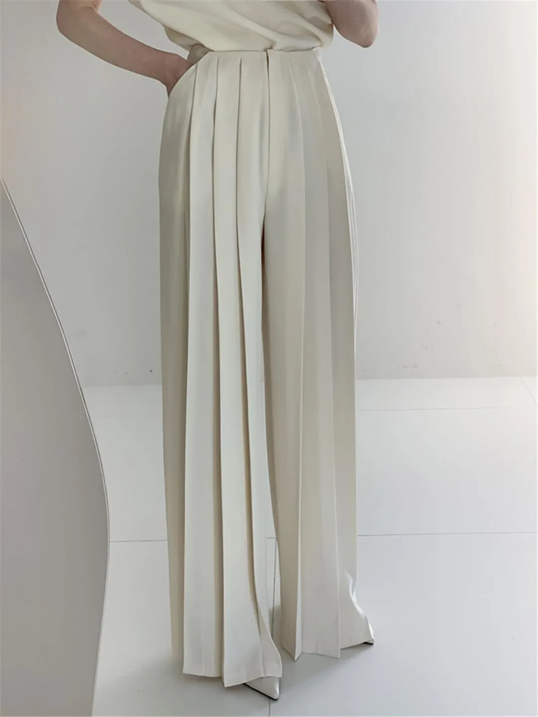 Women's Summer Casual Wide-Leg Pants High Waist Pleated Solid Color Simple Trousers