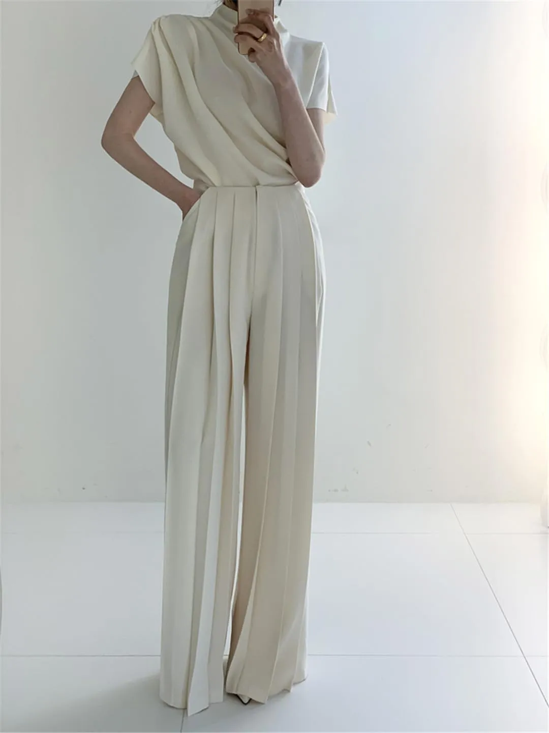 Women's Summer Casual Wide-Leg Pants High Waist Pleated Solid Color Simple Trousers