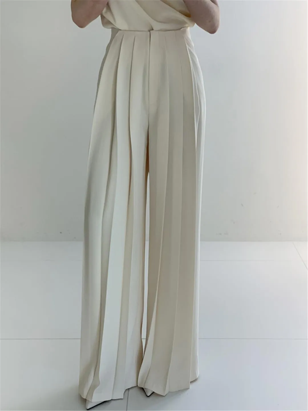 Women's Summer Casual Wide-Leg Pants High Waist Pleated Solid Color Simple Trousers