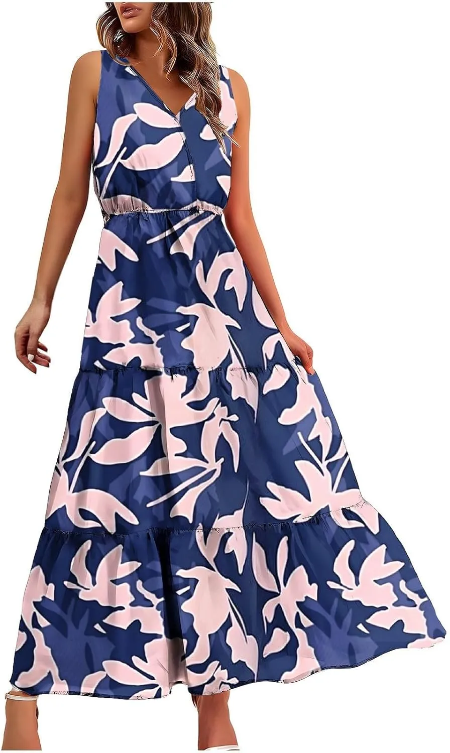 Womens Summer Floral Maxi Dresses Party Beach Vacation Dress Sleeveless High Waisted Tunic Ruffle Swing Sundress