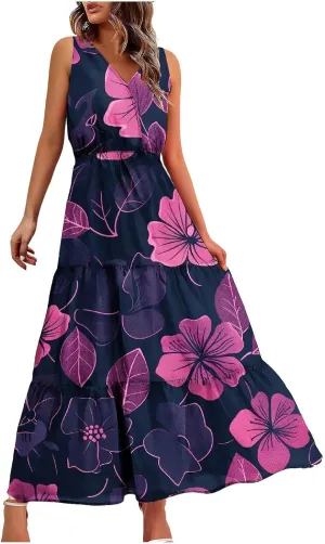 Womens Summer Floral Maxi Dresses Party Beach Vacation Dress Sleeveless High Waisted Tunic Ruffle Swing Sundress