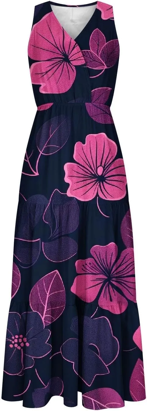 Womens Summer Floral Maxi Dresses Party Beach Vacation Dress Sleeveless High Waisted Tunic Ruffle Swing Sundress