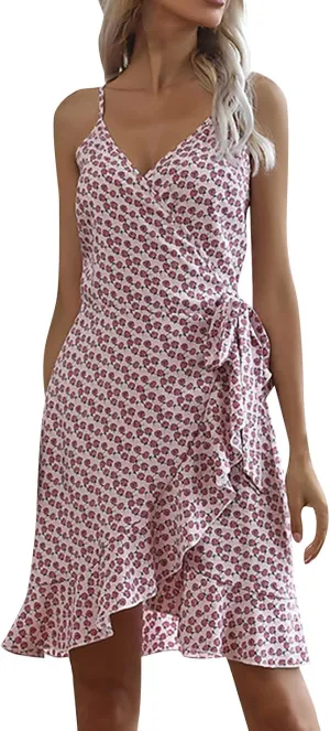 Womens V Neck Floral Camisole Dresses 2024 Summer Trend Teaparty Beach Sundress Ruffle High Waist Tunic Mini Suspender Dress