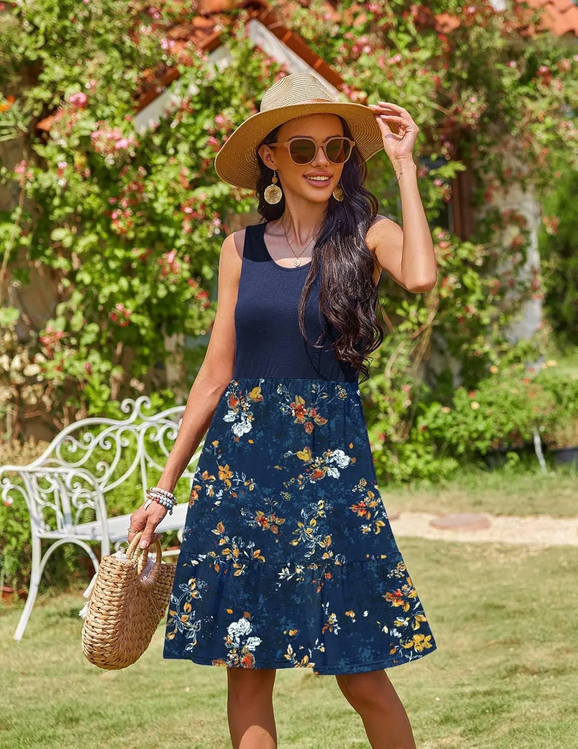 Zeagoo Summer Dress Knee-Length Round Neck Floral Dress (DE Only)