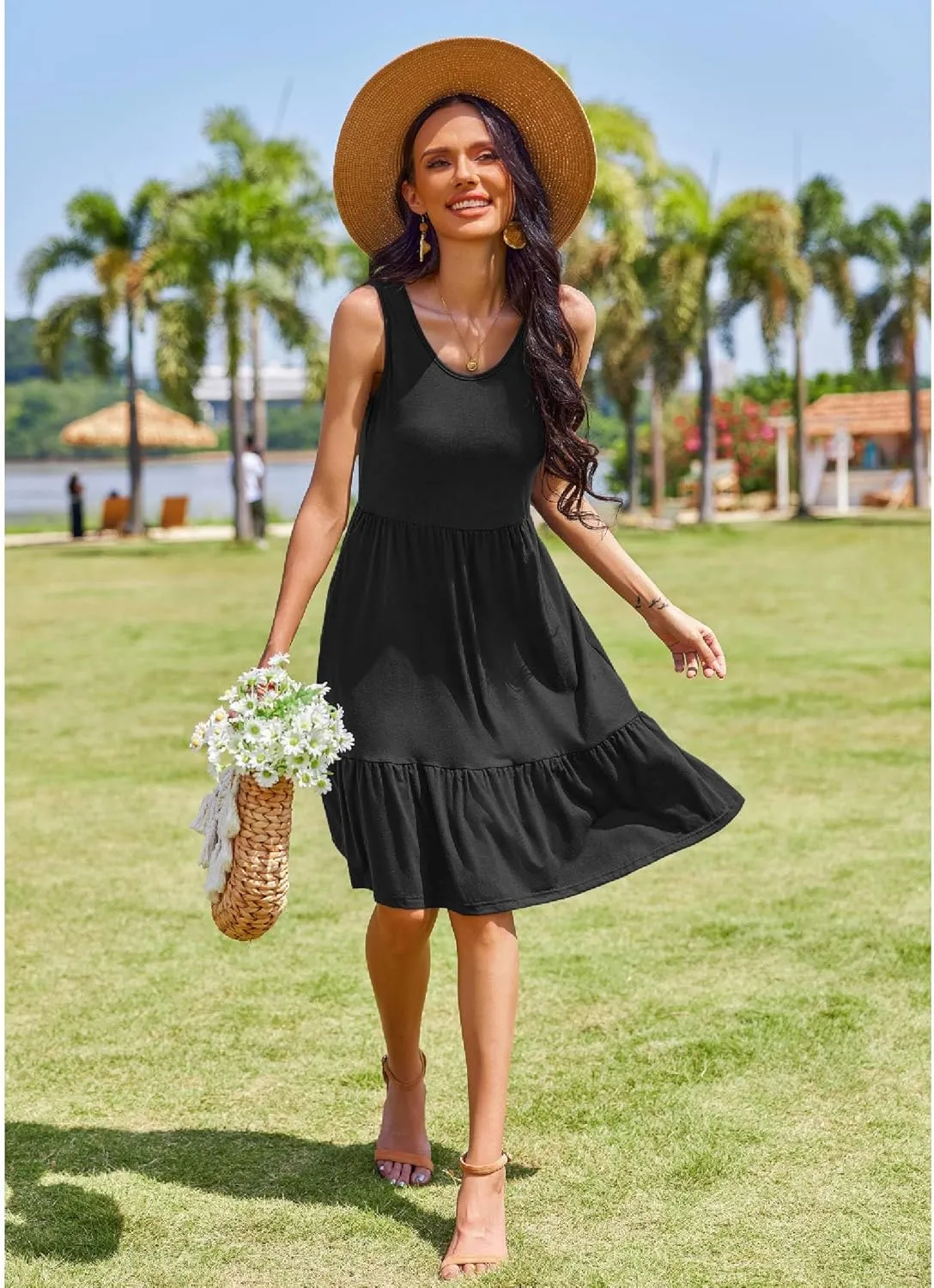 Zeagoo Summer Dress Knee-Length Round Neck Floral Dress (DE Only)
