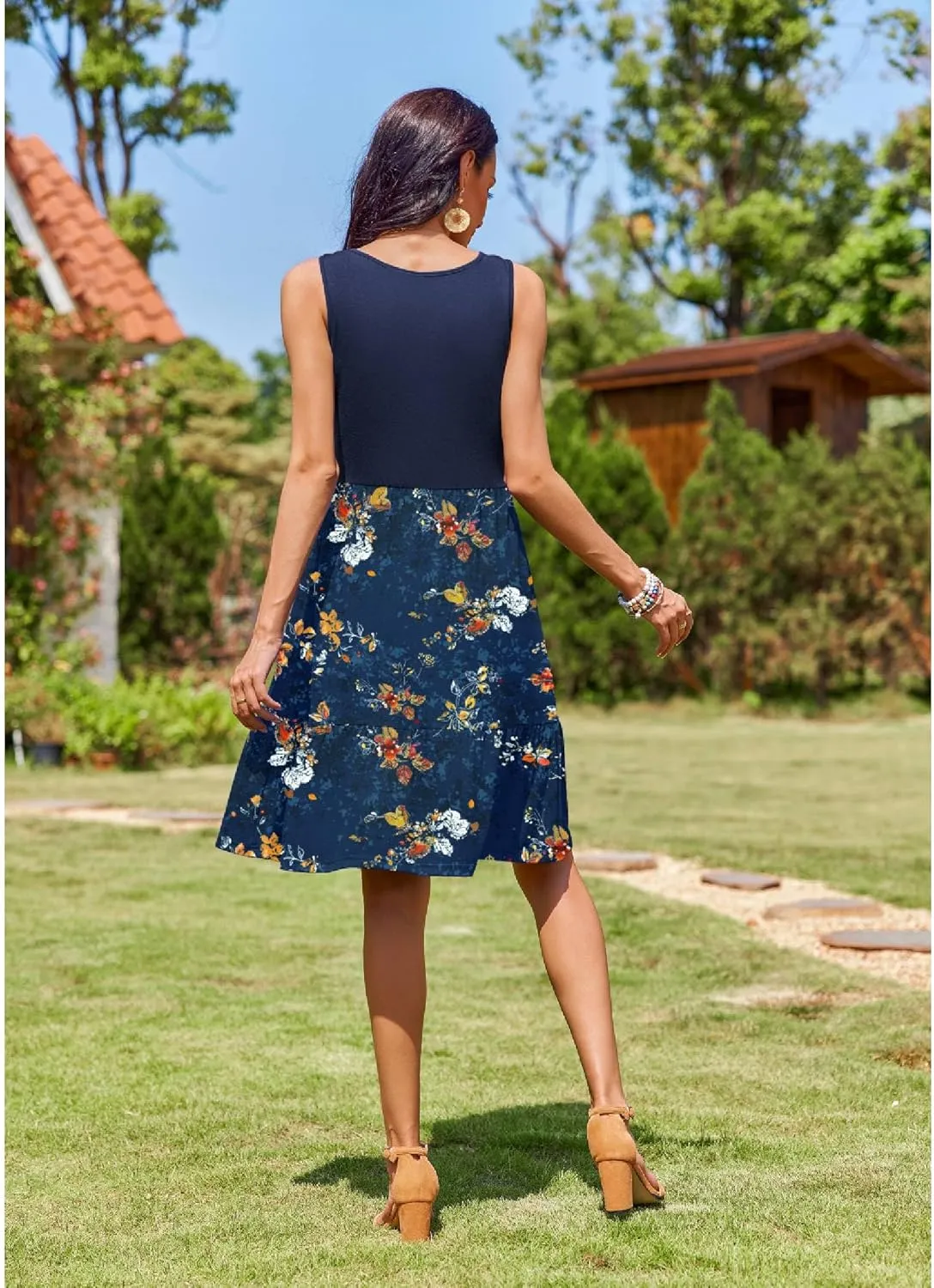 Zeagoo Summer Dress Knee-Length Round Neck Floral Dress (DE Only)