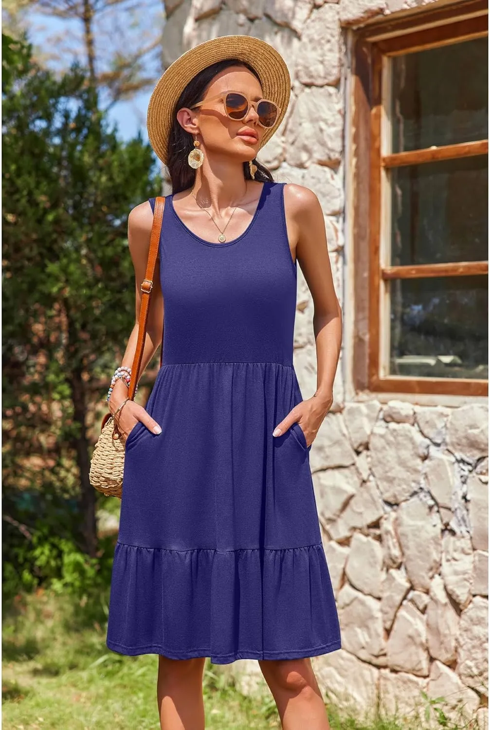 Zeagoo Summer Dress Knee-Length Round Neck Floral Dress (DE Only)