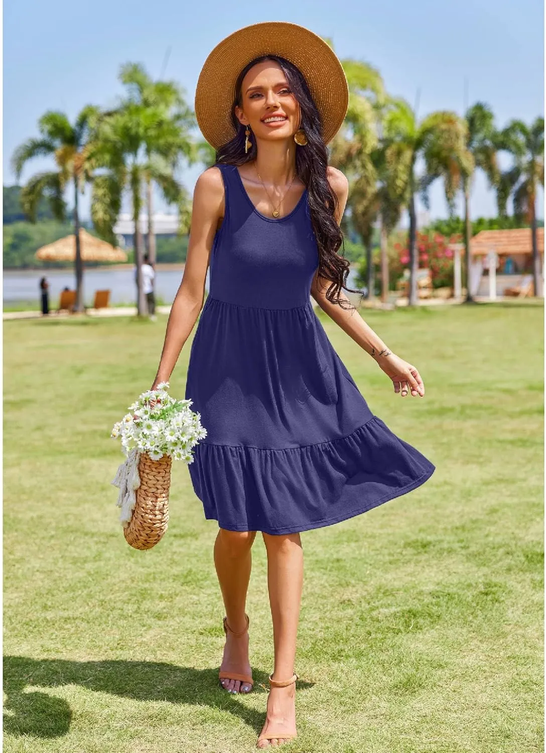 Zeagoo Summer Dress Knee-Length Round Neck Floral Dress (DE Only)