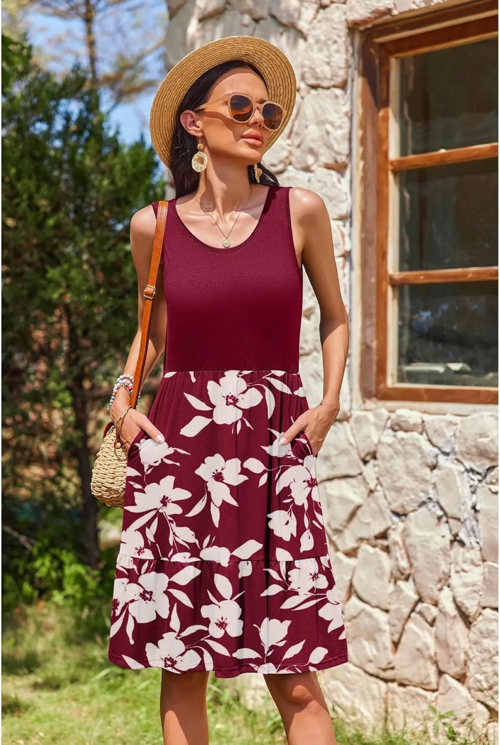 Zeagoo Summer Dress Knee-Length Round Neck Floral Dress (DE Only)
