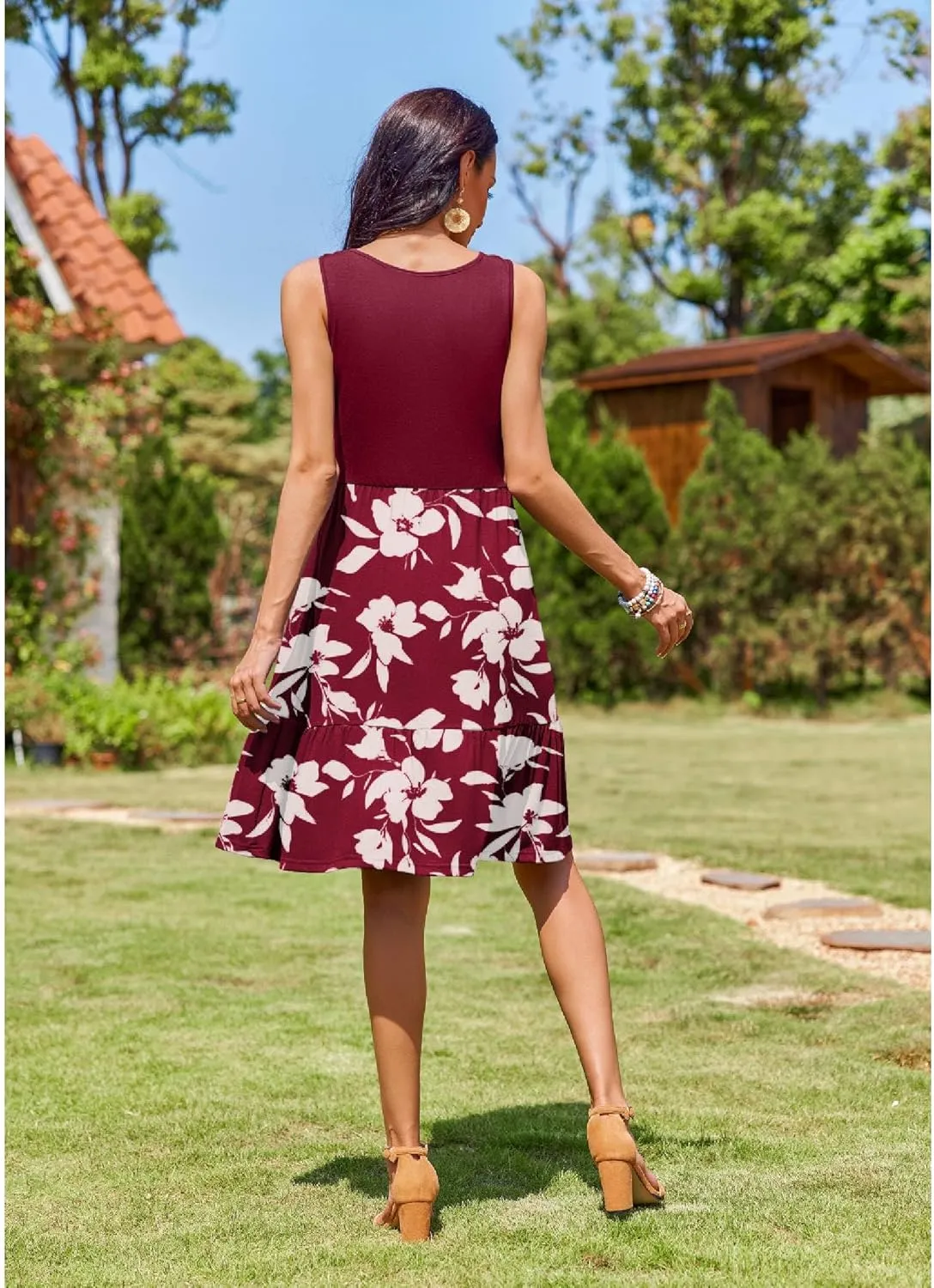 Zeagoo Summer Dress Knee-Length Round Neck Floral Dress (DE Only)