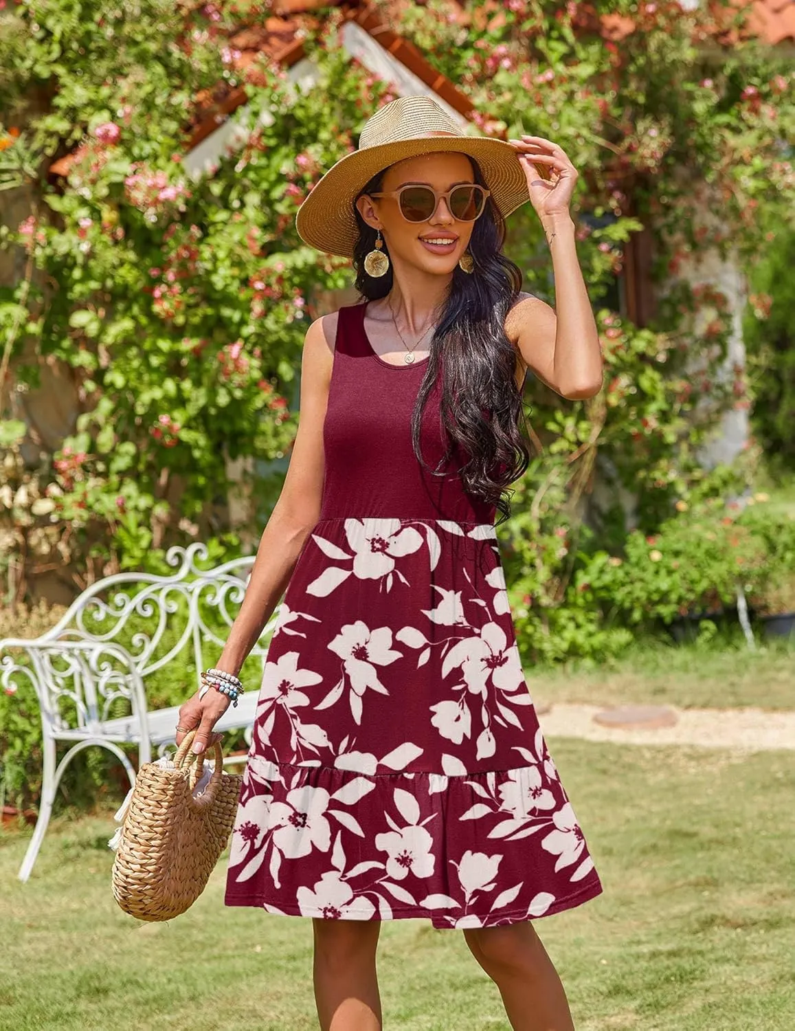 Zeagoo Summer Dress Knee-Length Round Neck Floral Dress (DE Only)