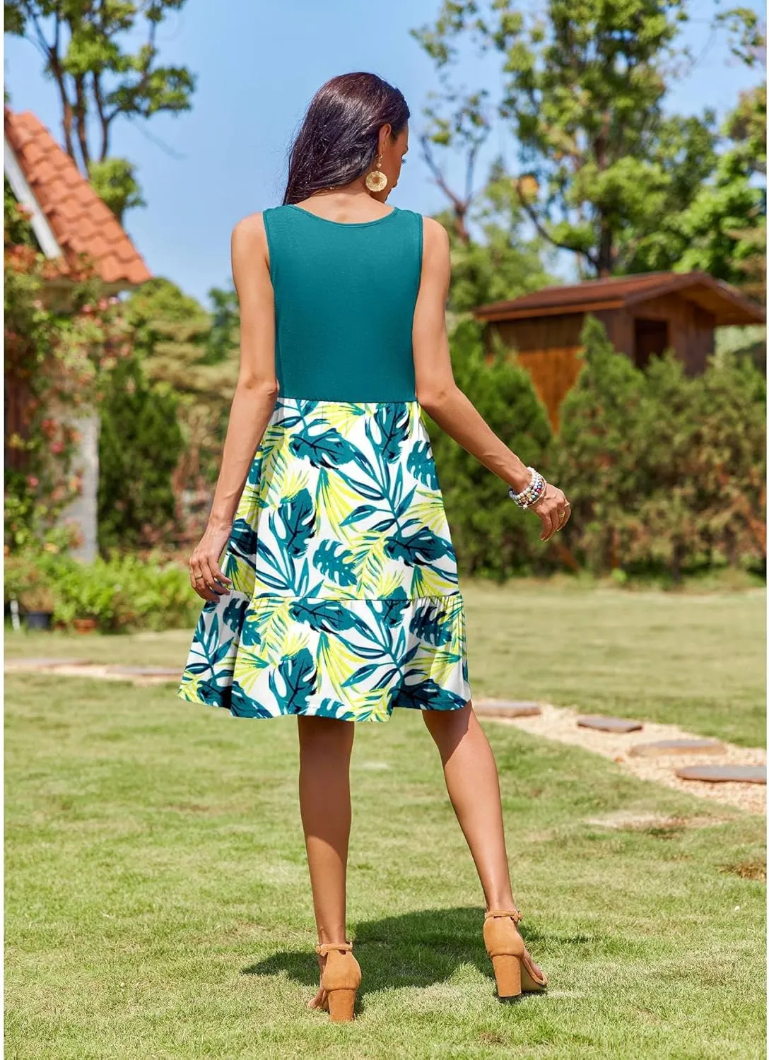 Zeagoo Summer Dress Knee-Length Round Neck Floral Dress (DE Only)