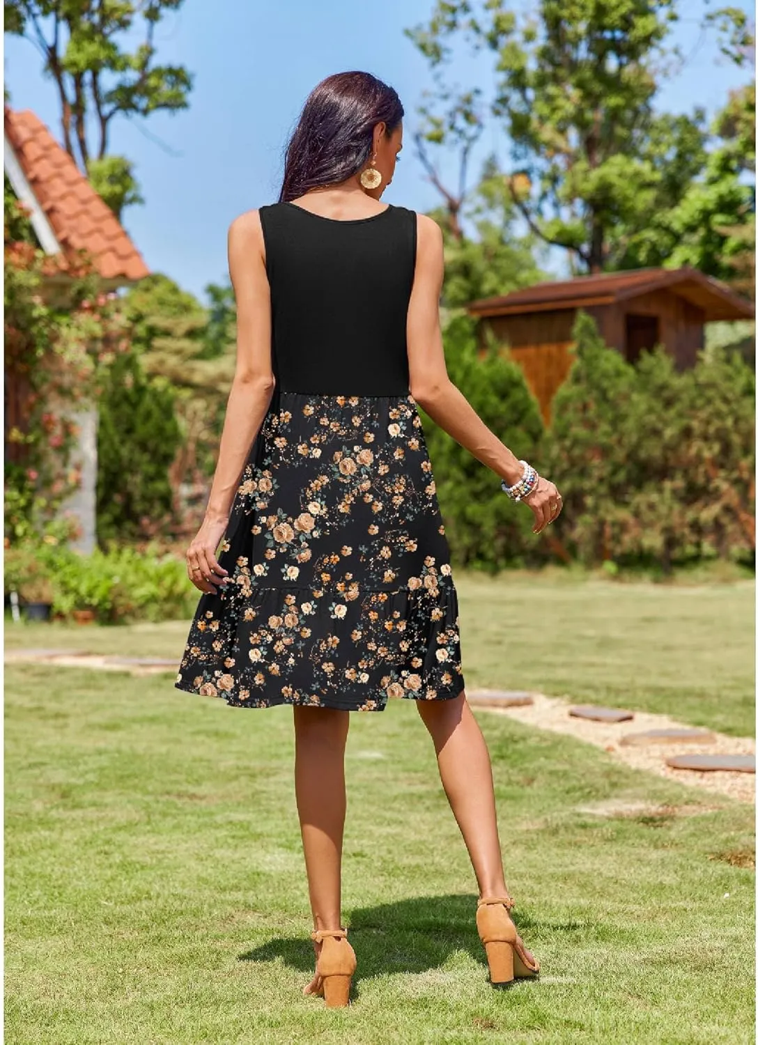 Zeagoo Summer Dress Knee-Length Round Neck Floral Dress (DE Only)