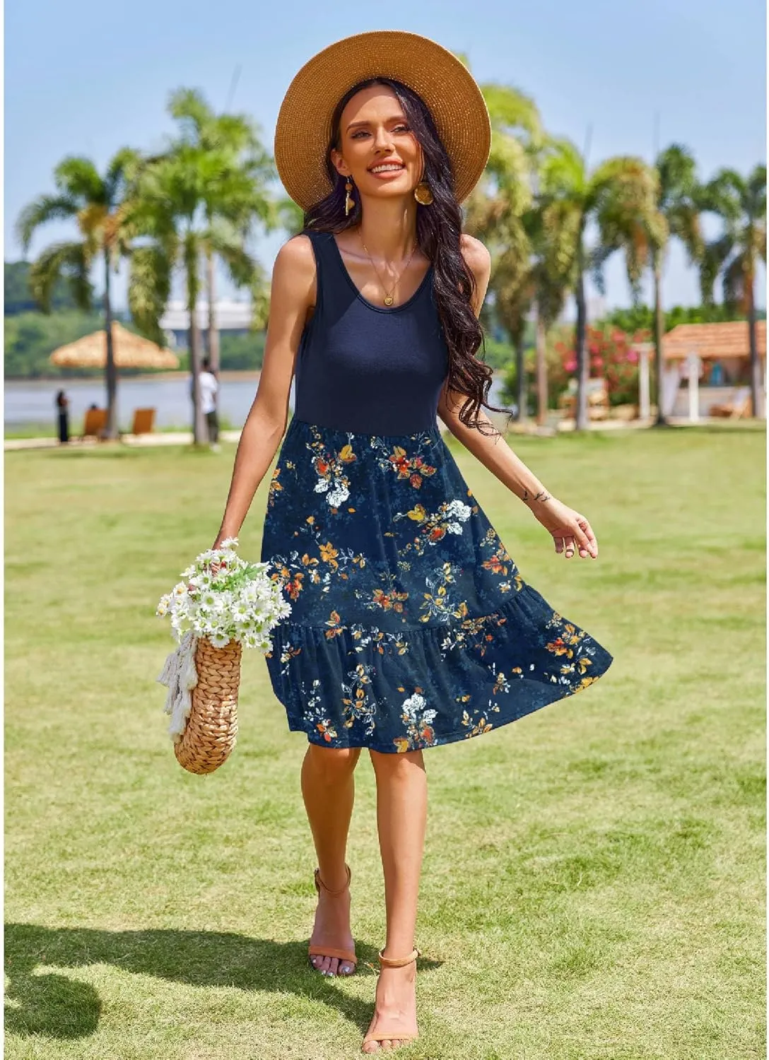 Zeagoo Summer Dress Knee-Length Round Neck Floral Dress (DE Only)