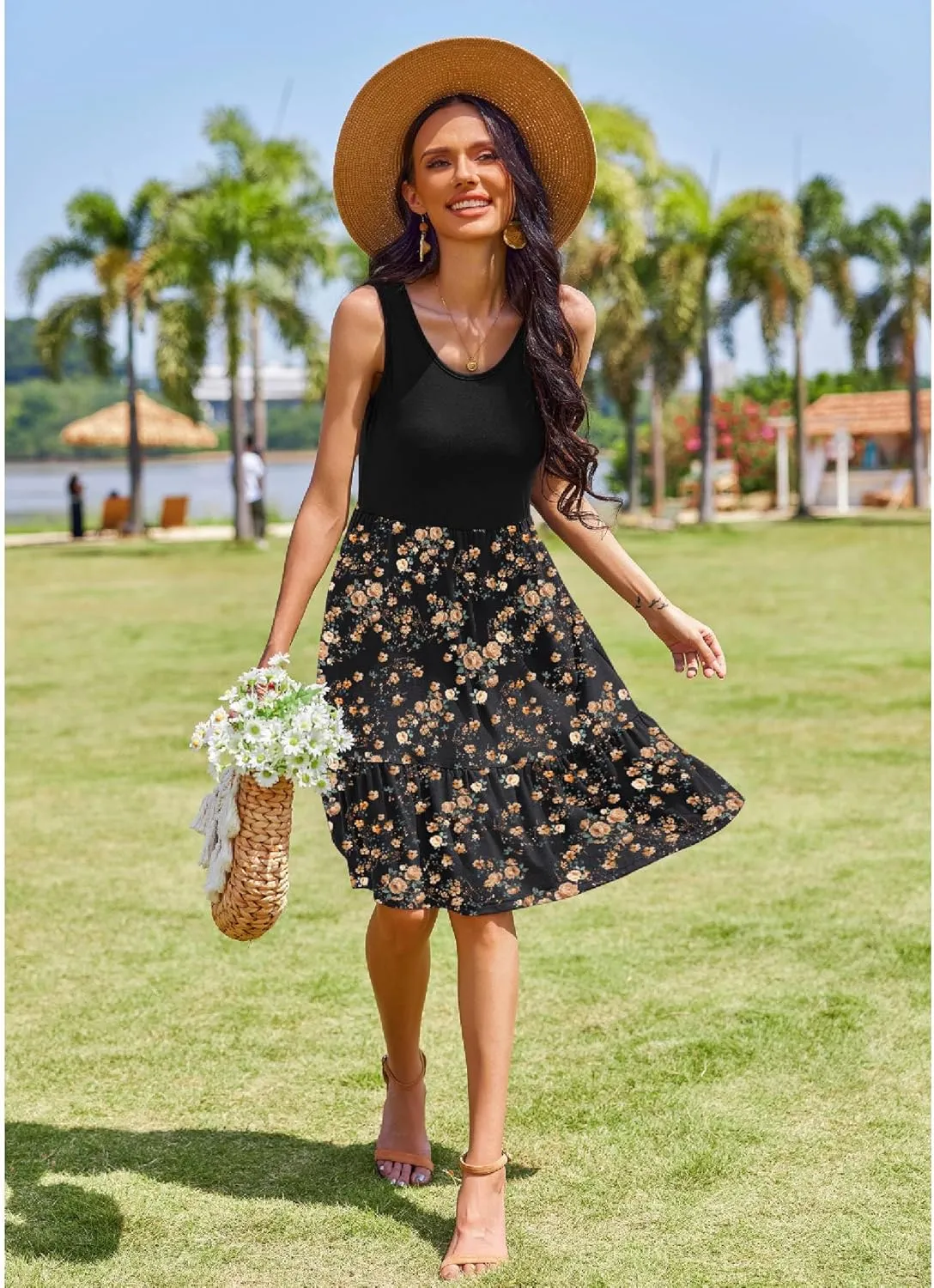 Zeagoo Summer Dress Knee-Length Round Neck Floral Dress (DE Only)