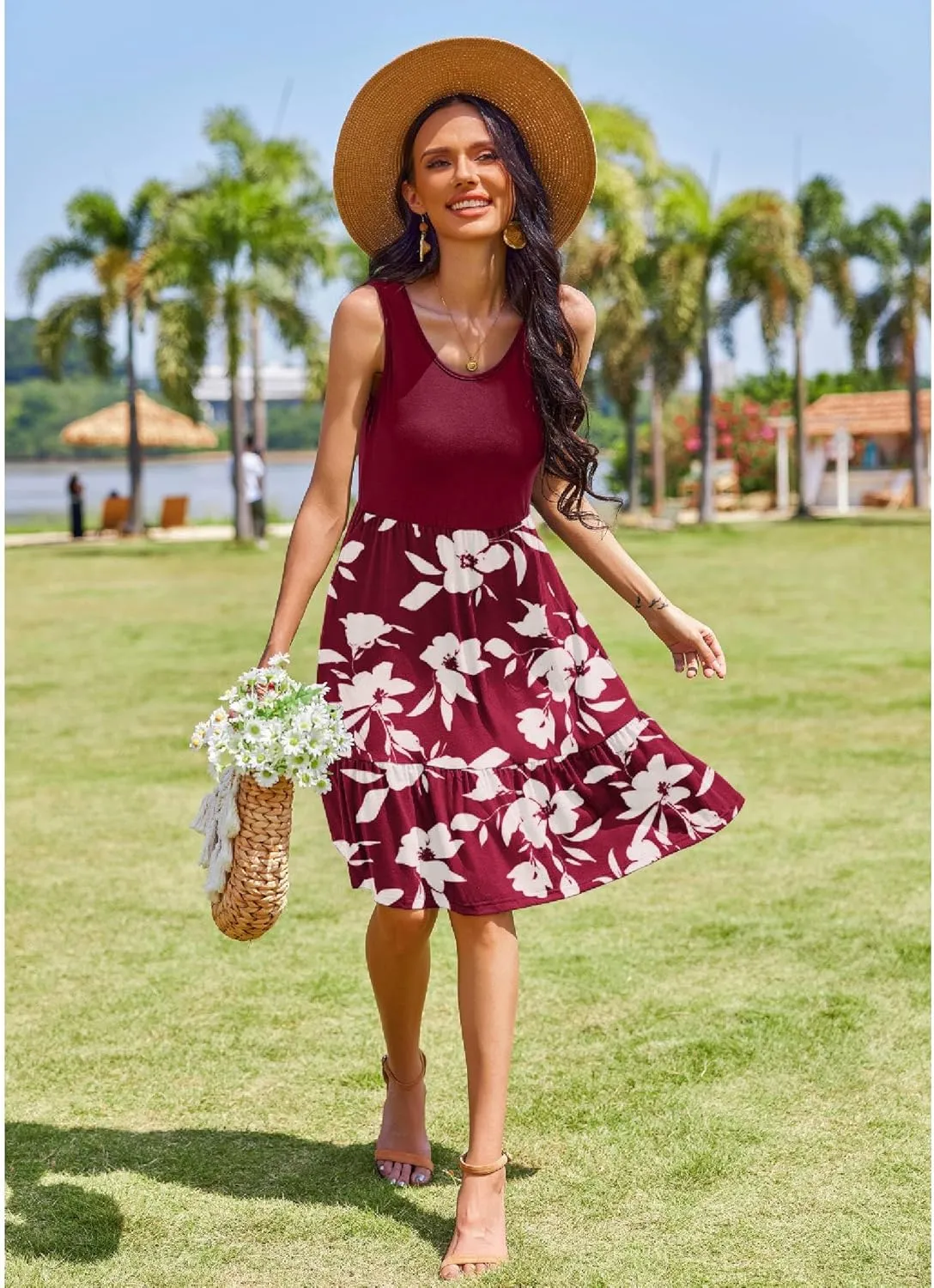 Zeagoo Summer Dress Knee-Length Round Neck Floral Dress (DE Only)