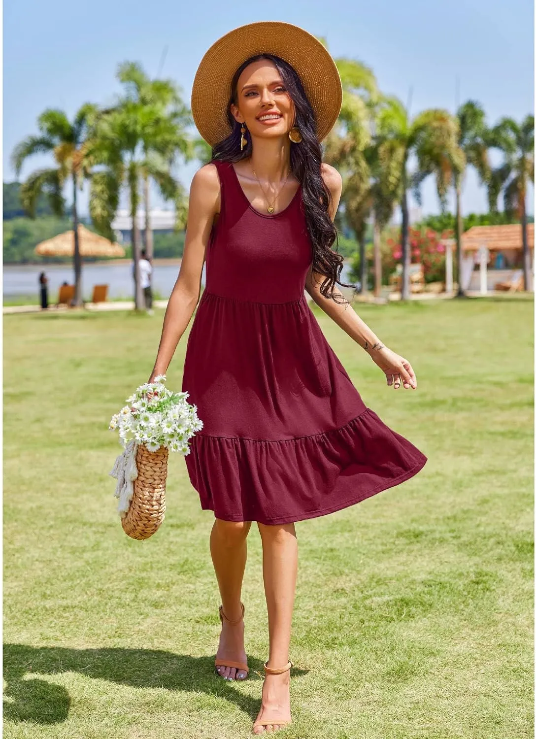 Zeagoo Summer Dress Knee-Length Round Neck Floral Dress (DE Only)