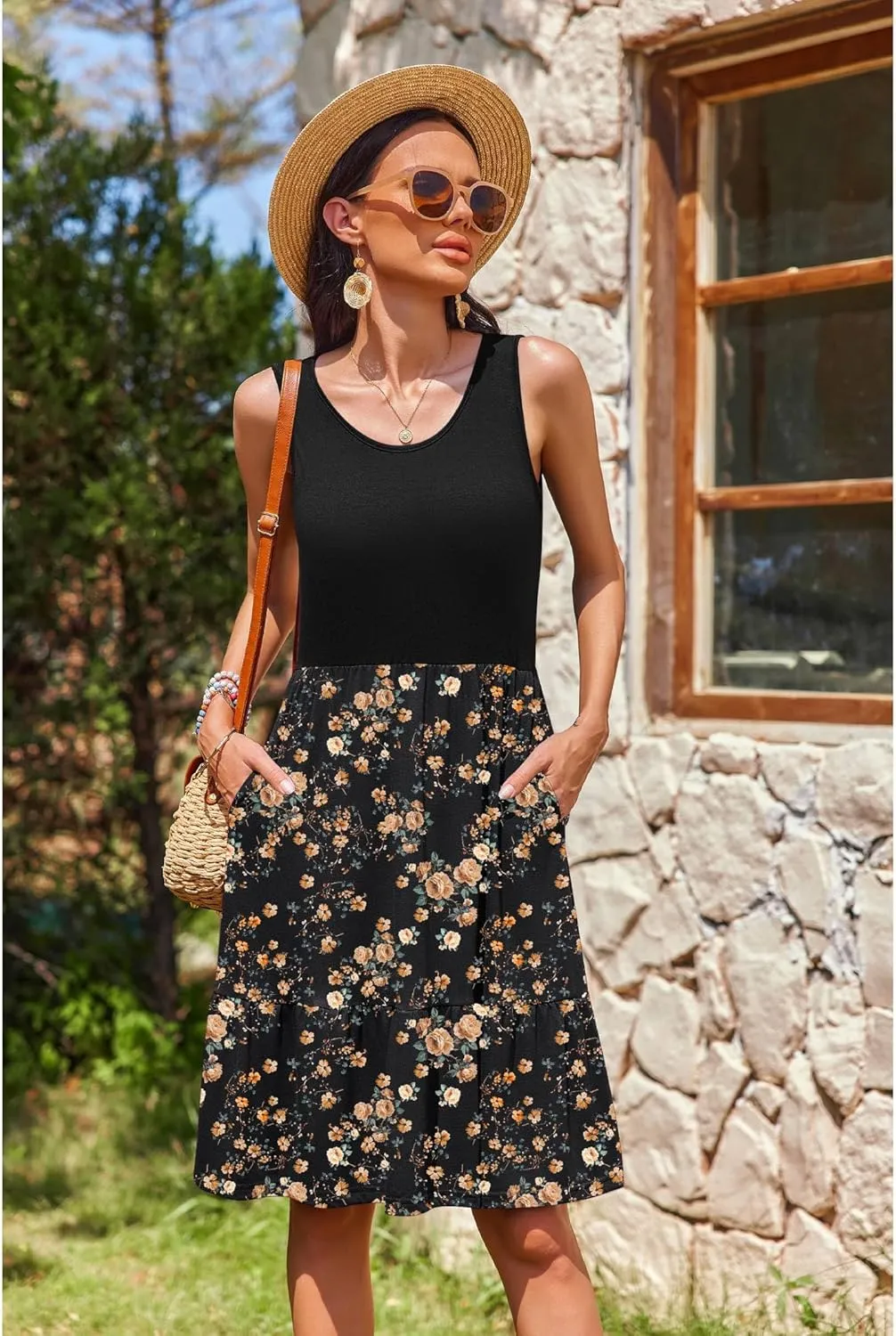Zeagoo Summer Dress Knee-Length Round Neck Floral Dress (DE Only)