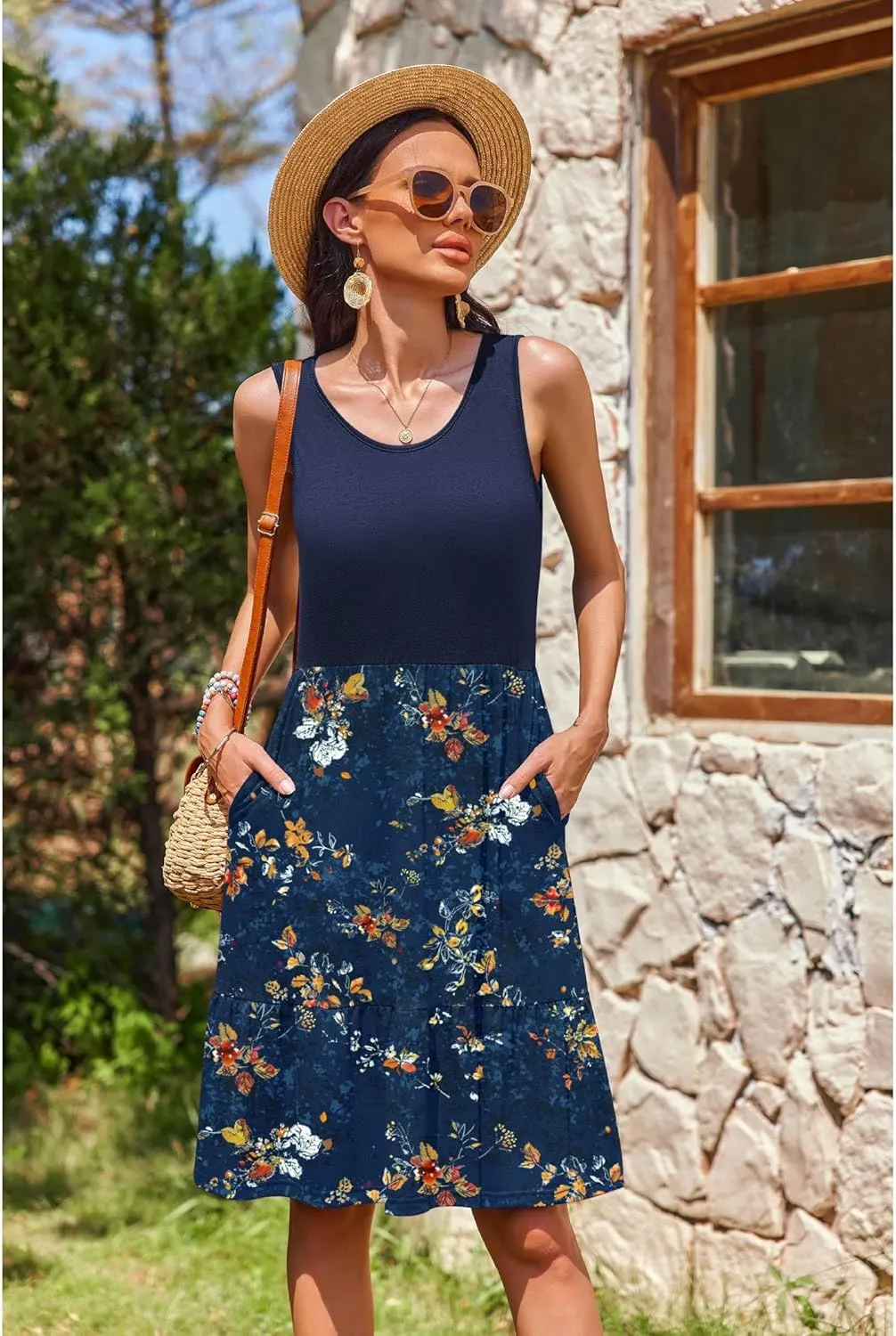 Zeagoo Summer Dress Knee-Length Round Neck Floral Dress (DE Only)