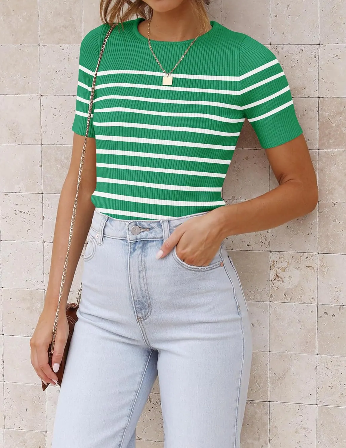 ZESICA Women's Short Sleeve Crewneck Striped T Shirt 2025 Summer Ribbed Knit Slim Fit Casual Basic Tee Tops