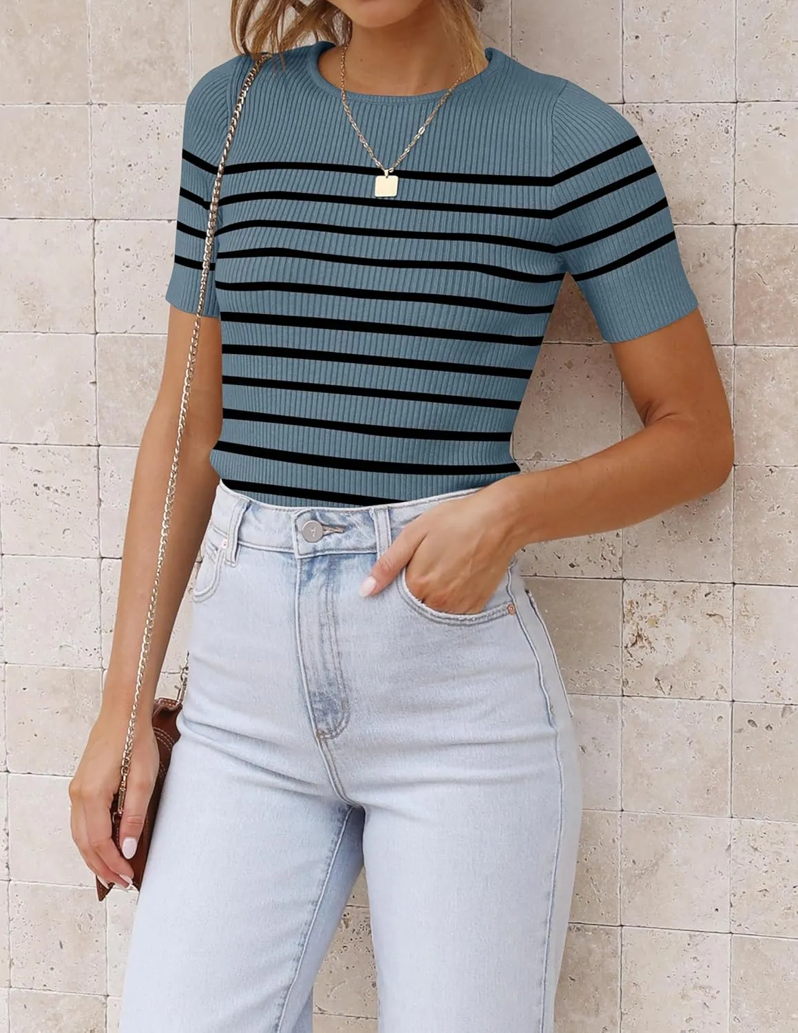 ZESICA Women's Short Sleeve Crewneck Striped T Shirt 2025 Summer Ribbed Knit Slim Fit Casual Basic Tee Tops