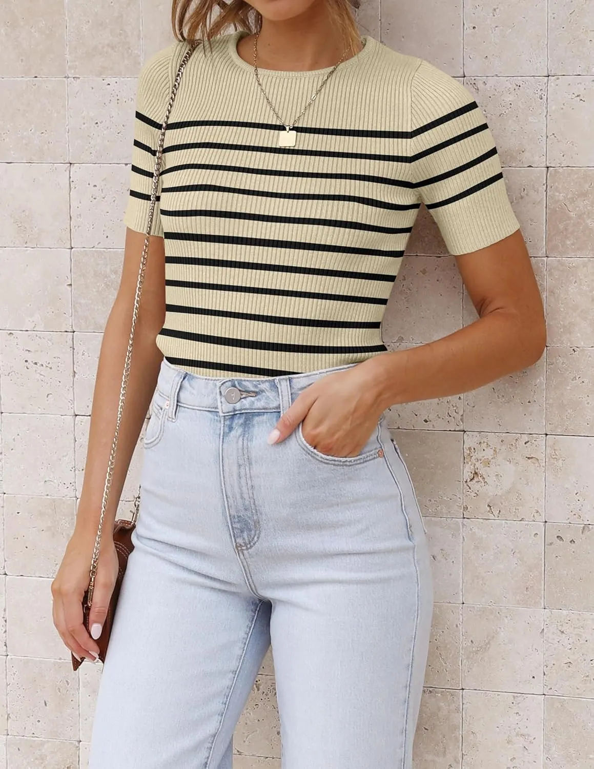 ZESICA Women's Short Sleeve Crewneck Striped T Shirt 2025 Summer Ribbed Knit Slim Fit Casual Basic Tee Tops