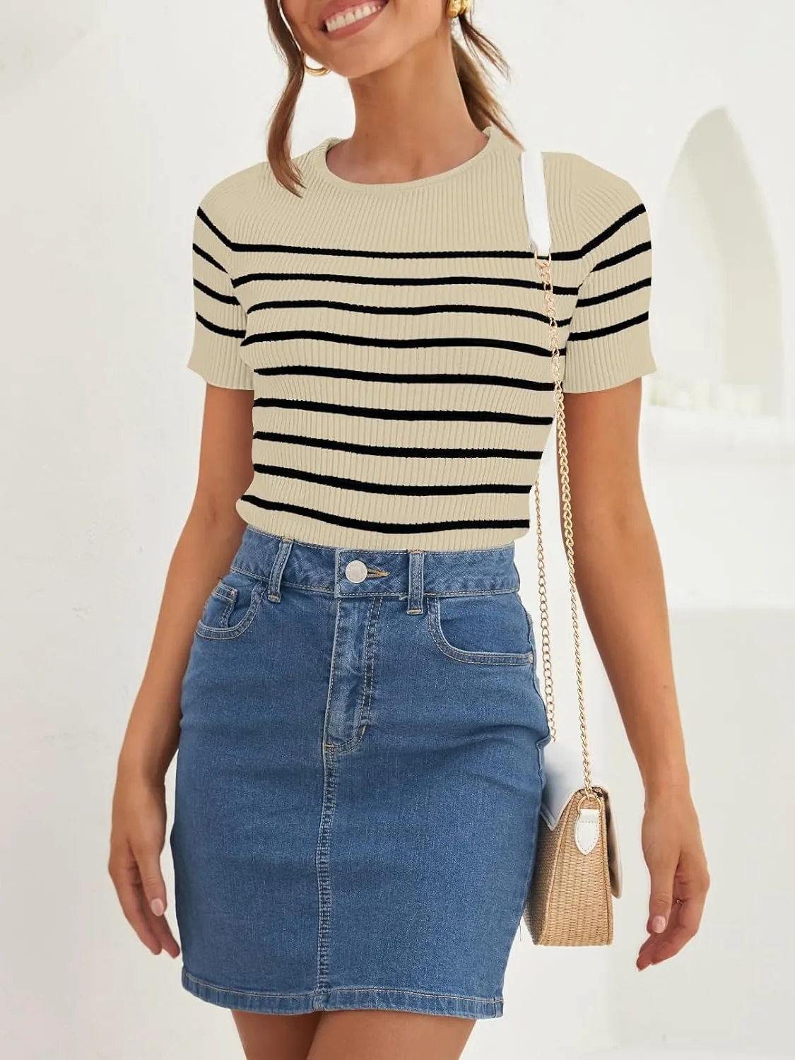 ZESICA Women's Short Sleeve Crewneck Striped T Shirt 2025 Summer Ribbed Knit Slim Fit Casual Basic Tee Tops