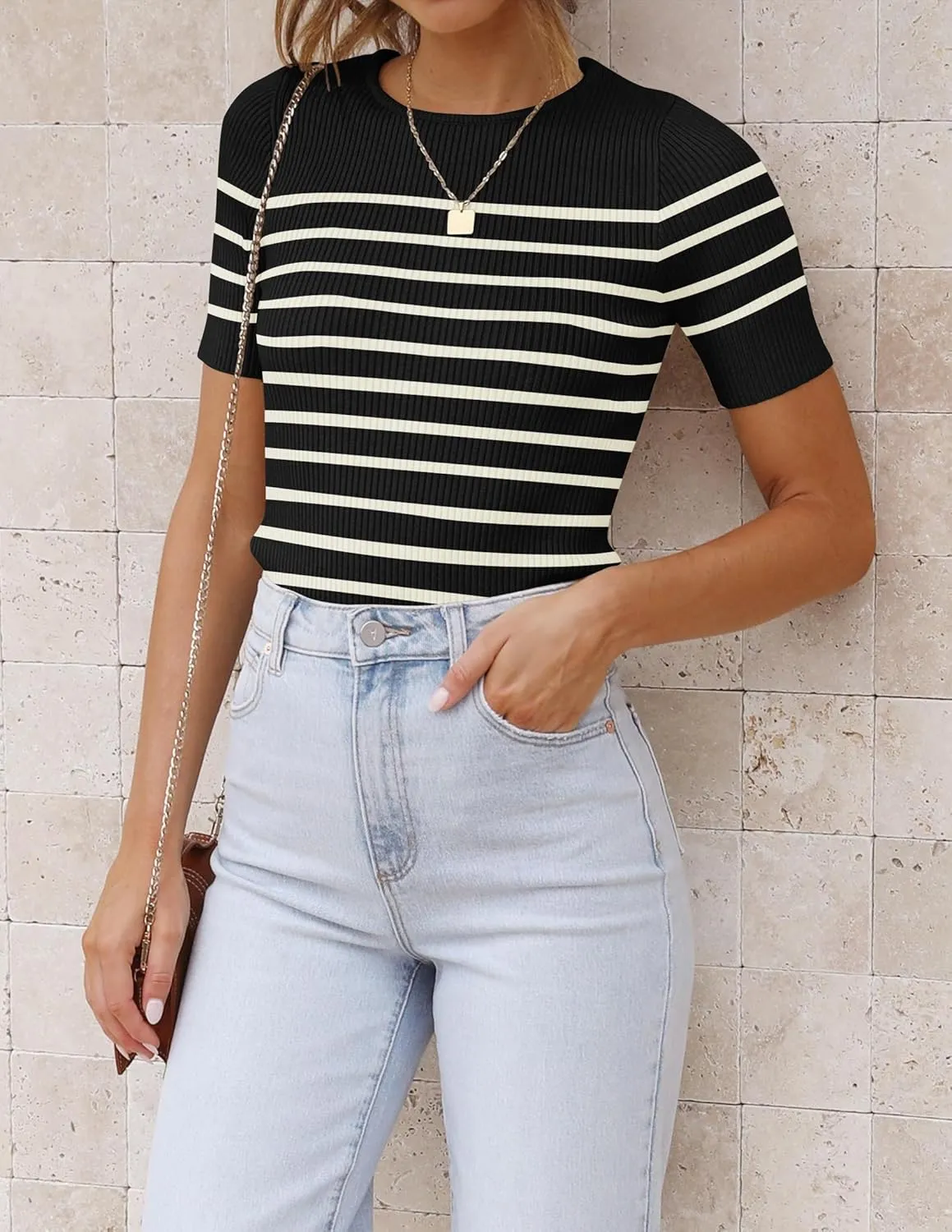 ZESICA Women's Short Sleeve Crewneck Striped T Shirt 2025 Summer Ribbed Knit Slim Fit Casual Basic Tee Tops