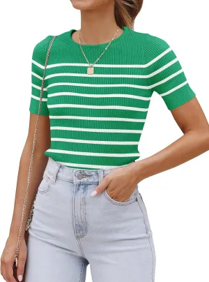 ZESICA Women's Short Sleeve Crewneck Striped T Shirt 2025 Summer Ribbed Knit Slim Fit Casual Basic Tee Tops