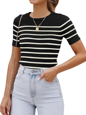 ZESICA Women's Short Sleeve Crewneck Striped T Shirt 2025 Summer Ribbed Knit Slim Fit Casual Basic Tee Tops