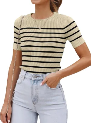 ZESICA Women's Short Sleeve Crewneck Striped T Shirt 2025 Summer Ribbed Knit Slim Fit Casual Basic Tee Tops