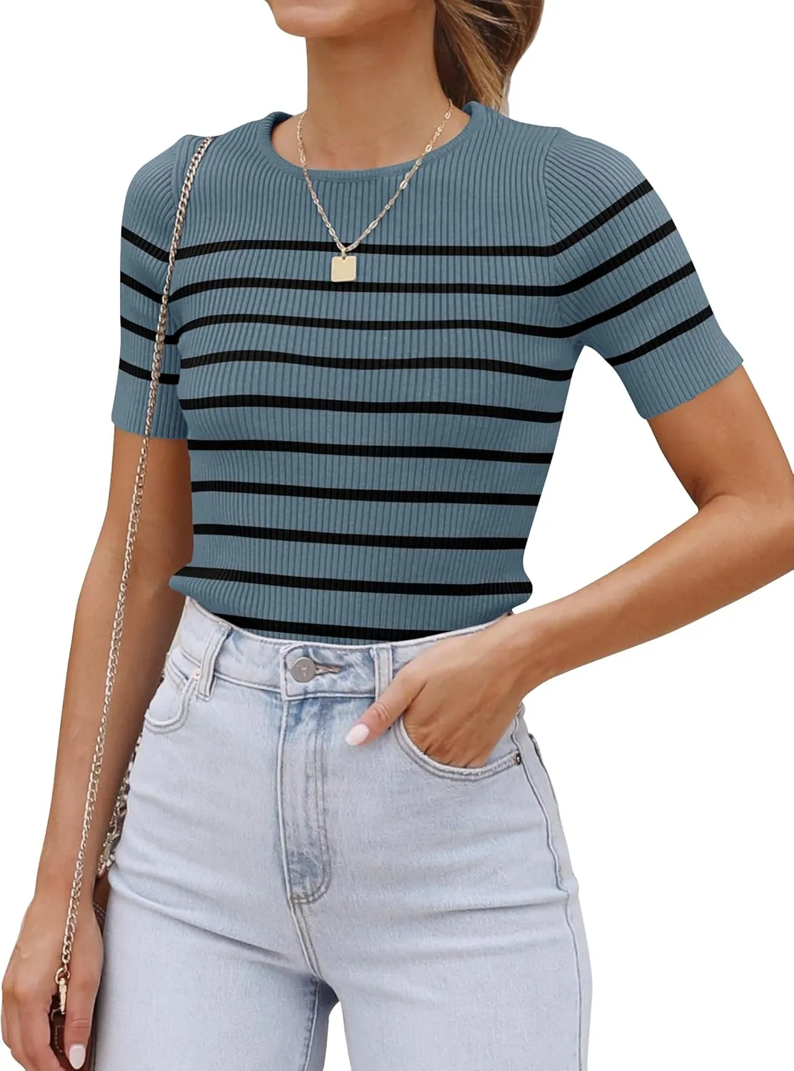 ZESICA Women's Short Sleeve Crewneck Striped T Shirt 2025 Summer Ribbed Knit Slim Fit Casual Basic Tee Tops